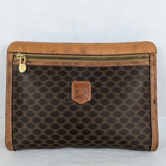 Celine Macadam Vintage Clutch Bag Brown Beige Pouch Made in Italy - Picture 1 of 12